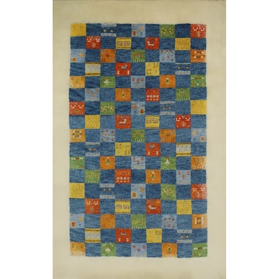 Hand Knotted Oriental 100% Wool Carpet Tribal Modern Navy Blue & Blues Gabbeh Area Rug - 7' 7'' X 5' 3''