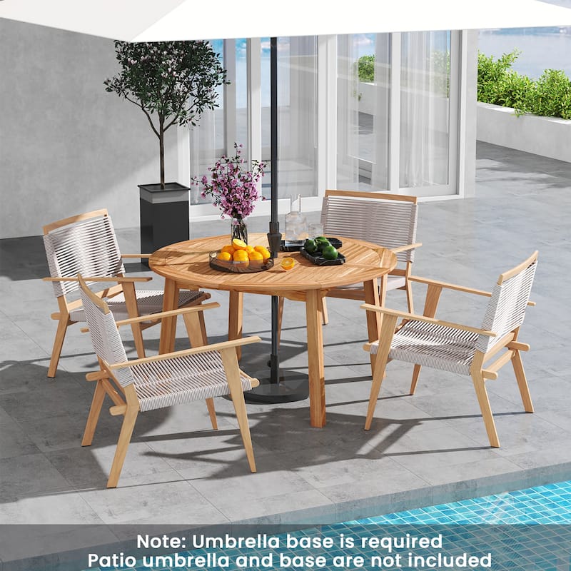 Gymax Round Patio Dining Table Acacia Wood Outdoor Dining Table w/ 2''