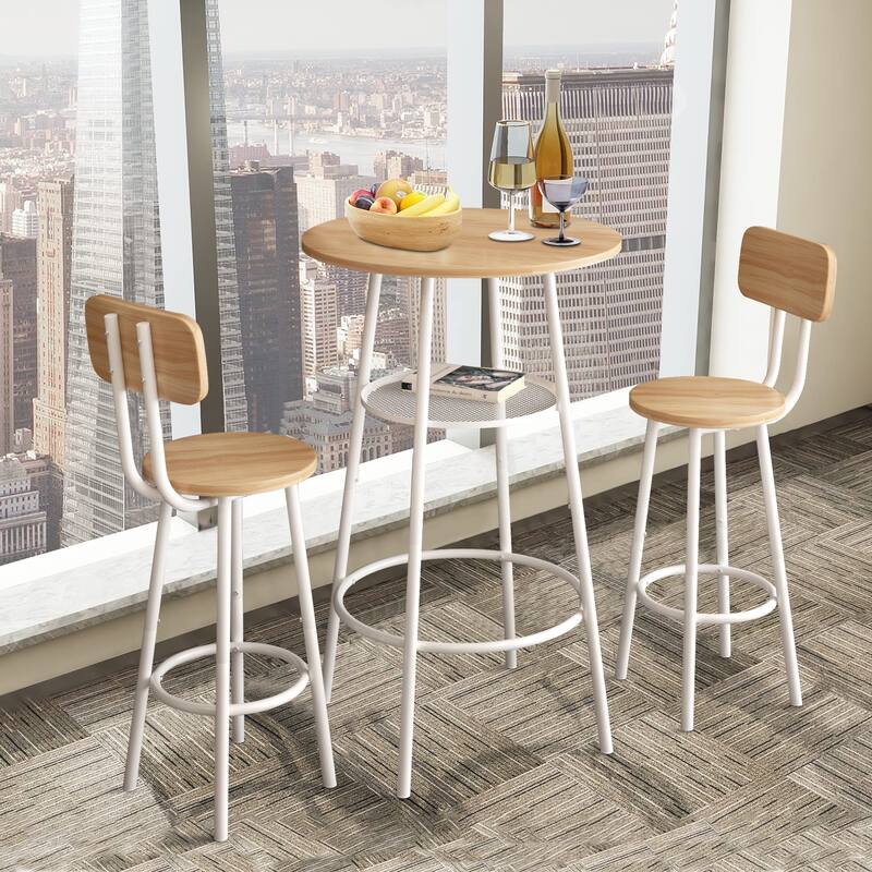 3-Piece Bar Table Set for 2, 2-Tier Round Bistro Dining Table Set - White&Oak
