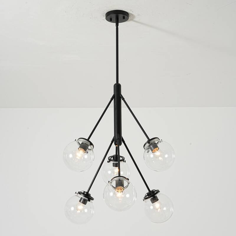 6-Light Modern Glam Sputnik Brass/Matte Black Finish Dimmable Chandelier with Clear Glass Globe for Living & Dining Room