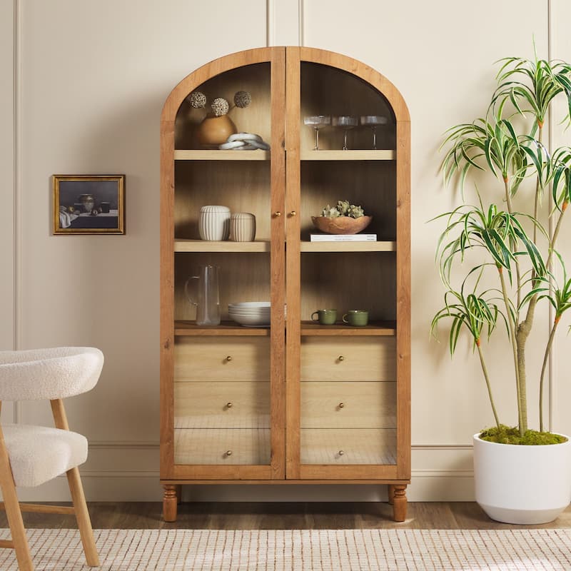 Walker Edison Modern Arched MDF Bookshelf Cabinet with Tall Glass Doors