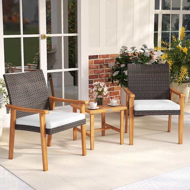 Costway 3 PCS Patio PE Wicker Furniture Set with Coffee Table and - See Details - Off White+Mix Brown - See Details