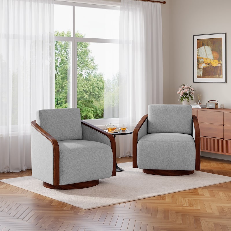 Set of 2 Modern 360° Swivel Accent Barrel Chairs with Wood Arms