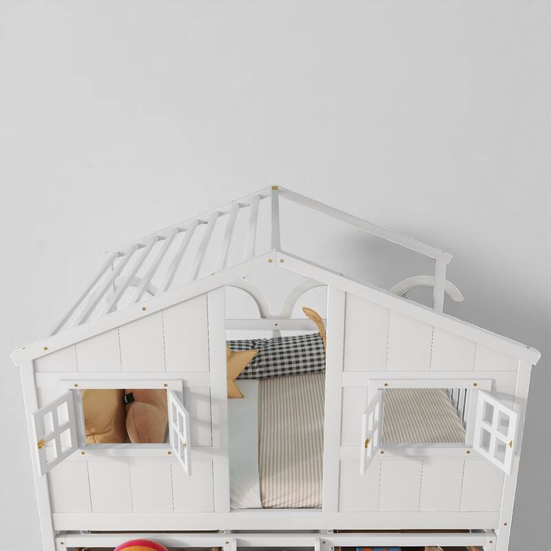 Full House-Themed Loft Bed with Ladder, Roof, Windows, Safety Rails and Storage Drawers for Kids