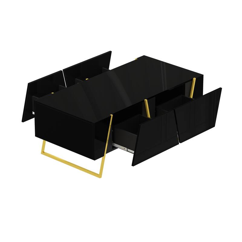 47.2" Modern Rectangular High Gloss Coffee Table for Living Room with Storage and Gold Base, 4 drawers, Black