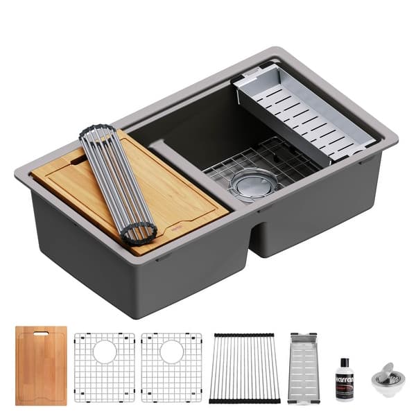 slide 2 of 16, Karran QUWS-880 Undermount 32-1/2 in. Double Equal 50/50 Bowl Workstation Kitchen Sink Concrete