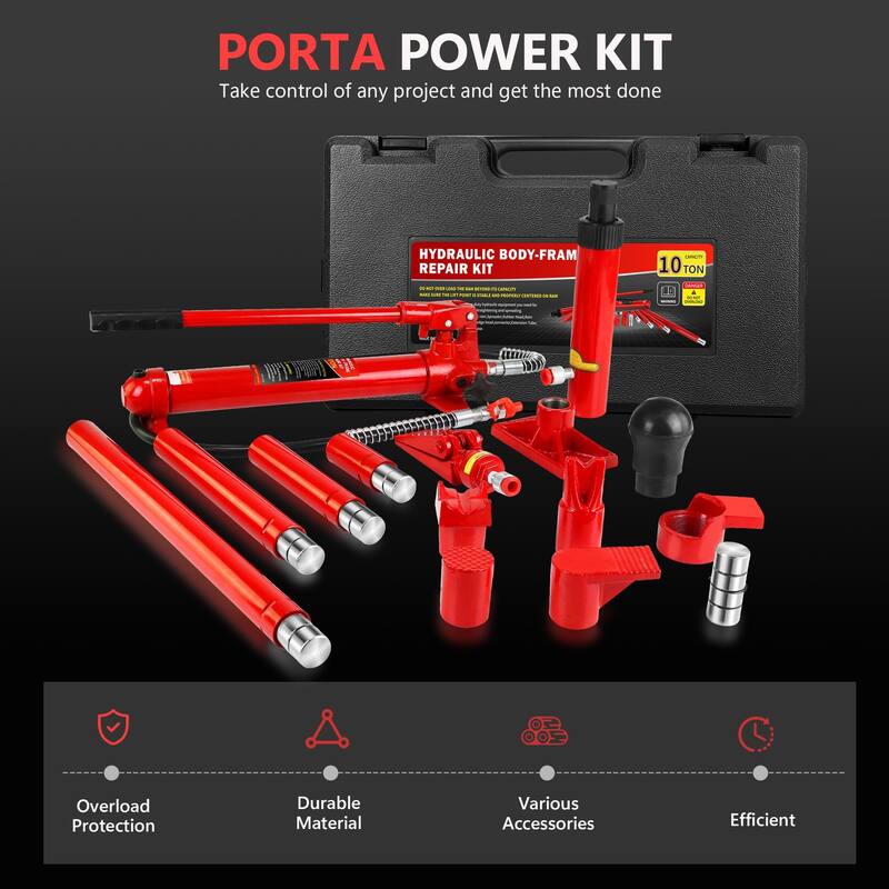 4 Ton Porta Power Kit, Portable Hydraulic Jack with 4.1 ft/1.25 m Oil Hose, 17 Pcs Hydraulic Ram, 8000 Lbs Capacity