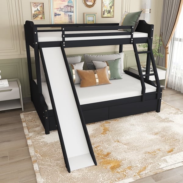 Twin over Full Size Upholstery Bunk Bed with Two Drawers and Slide ...