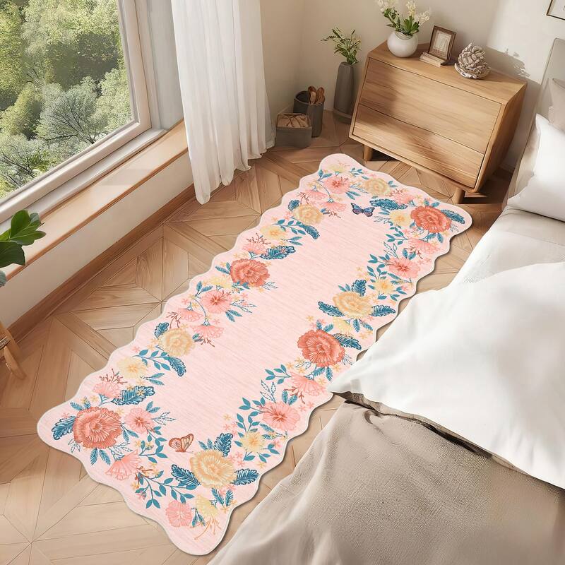 Area Rugs for Living Room Bedroom Washable Modern Floral Rug Scalloped Non-Slip Low Pile Carpet - 2'x6' - Pink