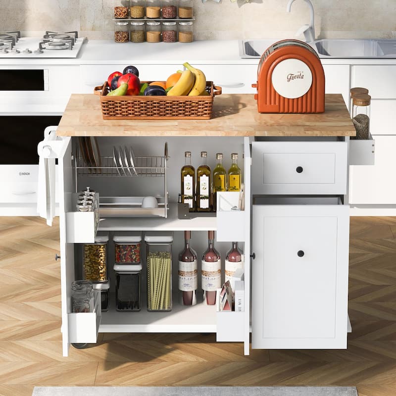Rolling Kitchen Cart with Drop Leaf, Storage Rack, and 3-Tier Cabinet Organizer