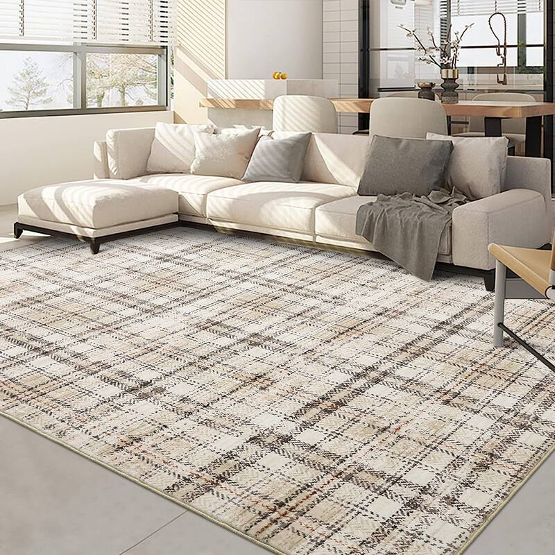 Washable Area Rugs for Living Room Bedroom Modern Plaid Rug Soft Non Slip Low Pile Farmhouse Geometric Rug - 10'x13' - Beige
