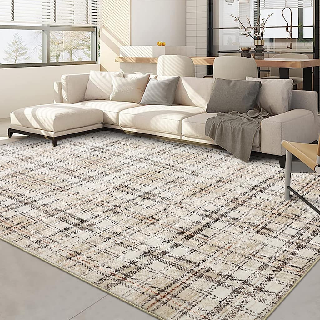 Washable Area Rugs for Living Room Bedroom Modern Plaid Rug Soft Non Slip Low Pile Farmhouse Geometric Rug