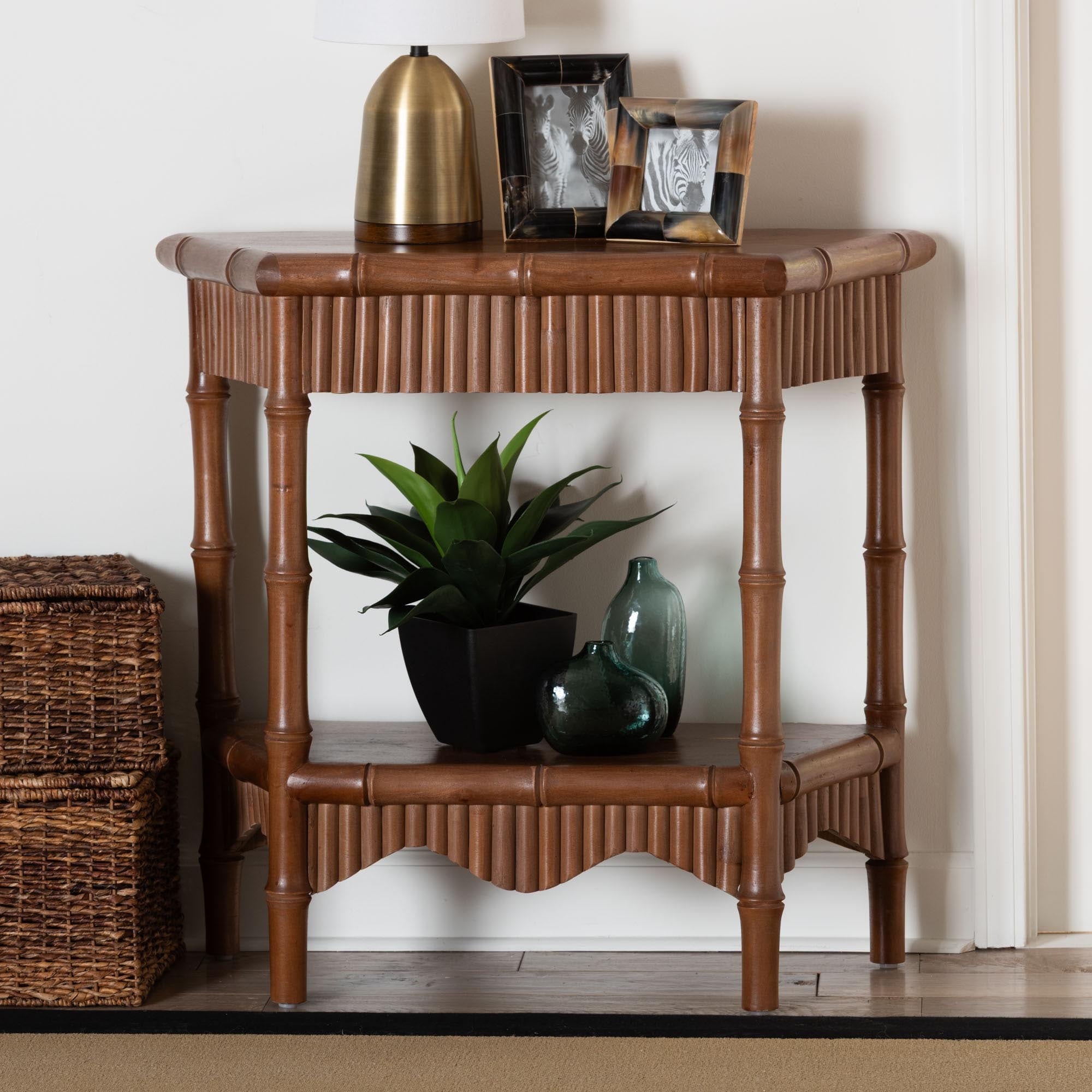 Alessa Mahogany Wood Console Table - Fluted Wood Accent Table with Bamboo Motif and Two-Tier Display for Living Room or Entryway
