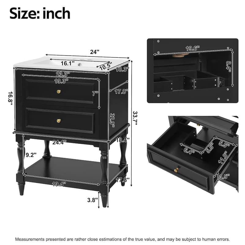 24" Bathroom Vanity with Ceramic Sink, Bathroom Storage Cabinet with Open Shelf, Retro Design Bathroom Cabinet with 2 Drawers