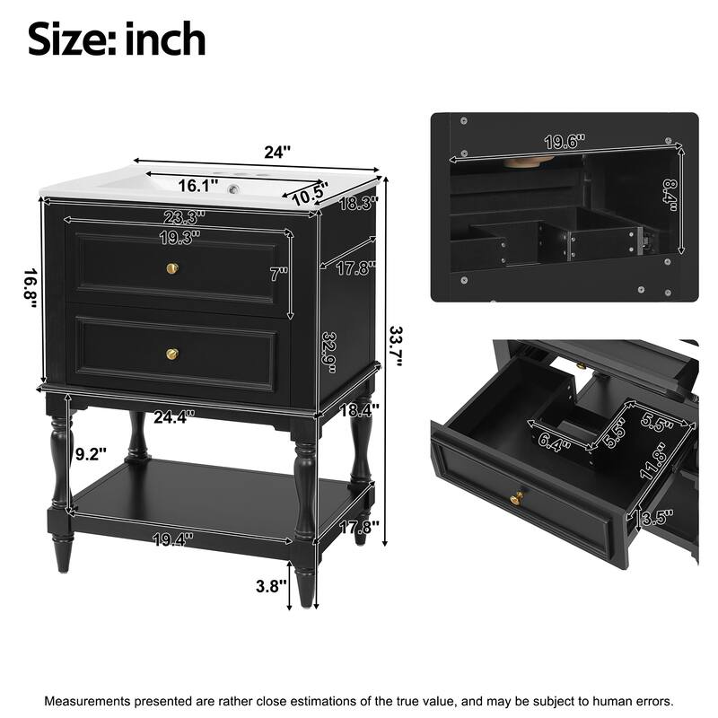 24" Retro Bathroom Vanity with Ceramic Sink & 2 Drawers - Solid Wood Storage Cabinet with Open Shelf