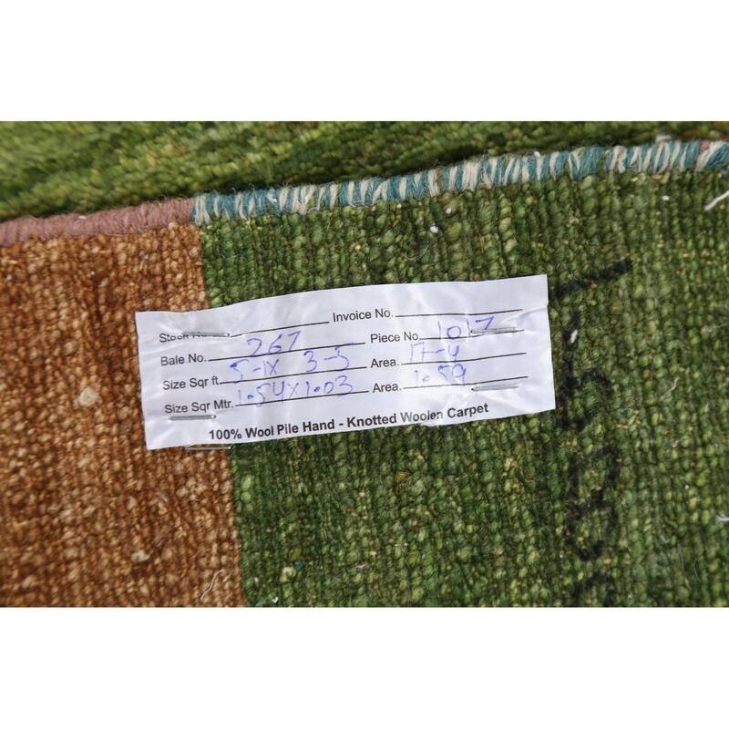 Hand Knotted Oriental 100% Wool Carpet Tribal Contemporary Green Gabbeh (kashkoli) Area Rug - 5' 1'' X 3' 5''