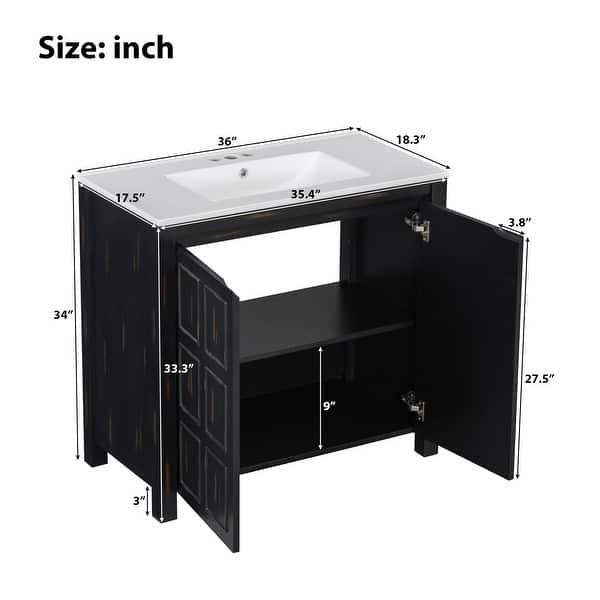 dimension image slide 1 of 14, GDFStudio - Elysia Wood Bathroom Vanity with Ceramic Sink & Storage Cabinet Organizer