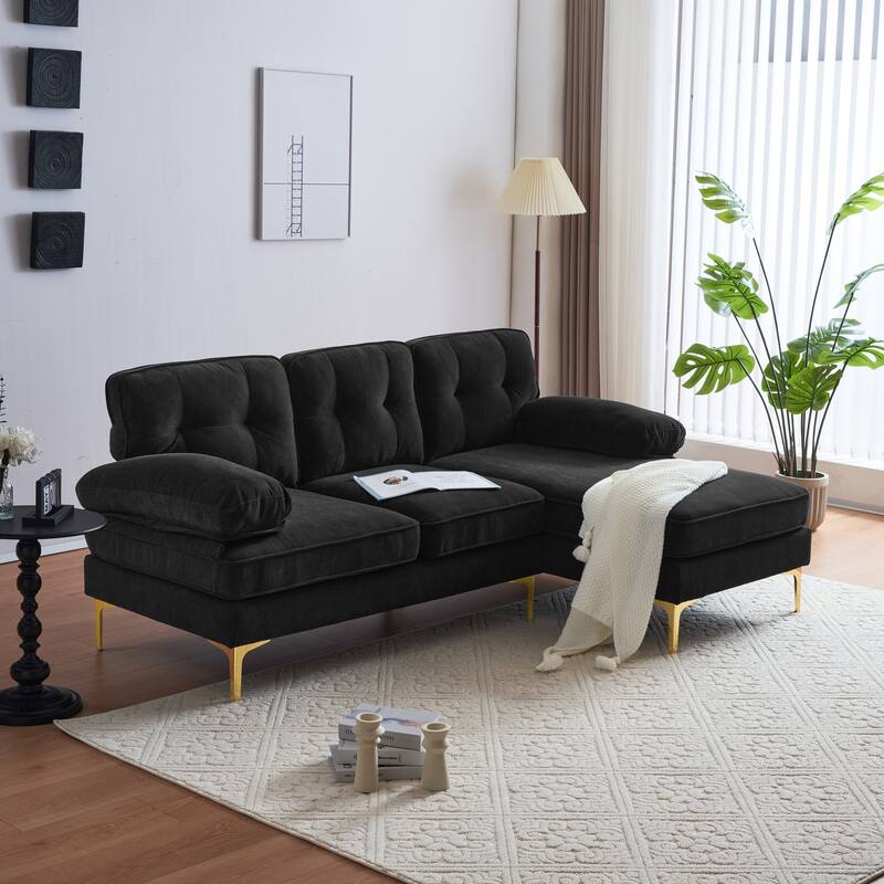 Velvet Sectional Sofas Couches with Pillow Top Arms and Upholstered Backrest, Modern L-Shaped Couches with Metal Legs
