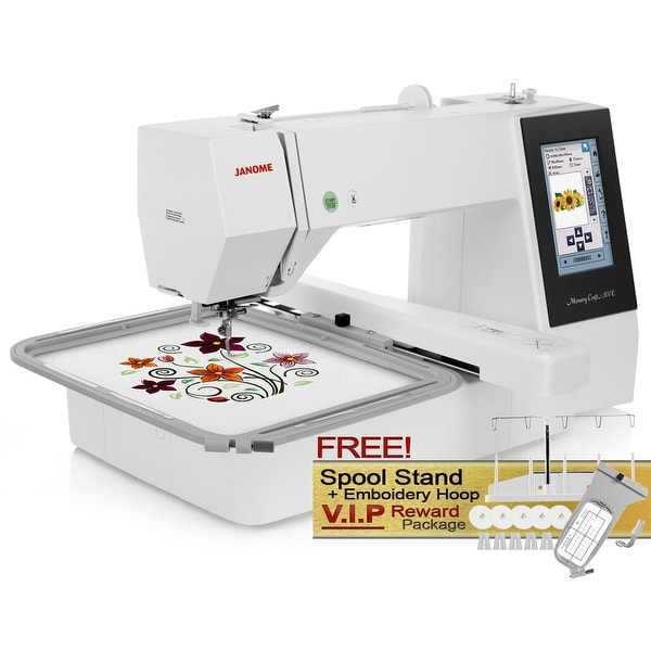 Janome Memory Craft 500e Computerized Embroidery Machine with FREE! Spool Stand + Embroidery Hoop V.I.P Reward Package. Opens flyout.