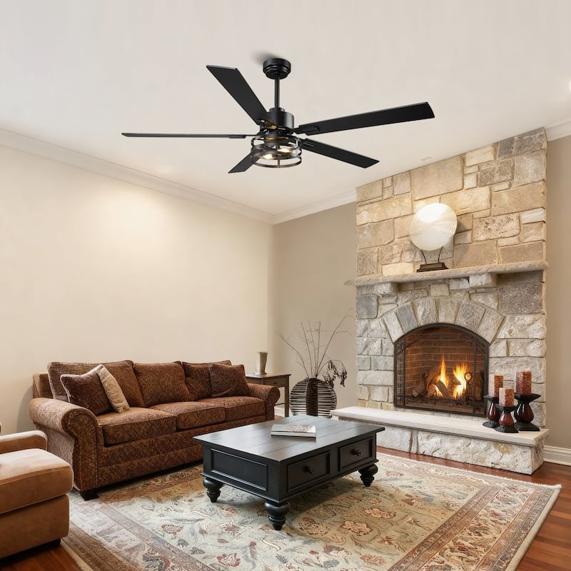 Vaczon 52" Industrial Reversible Wood 5-Blade Black Ceiling Fan with Light and APP Control
