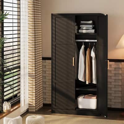 72'' Metal Armoire Wardrobe Closet with Wooden Handle and Hanging Rods, Clothing Closet Storage Cabinet with Adjustable Shelves