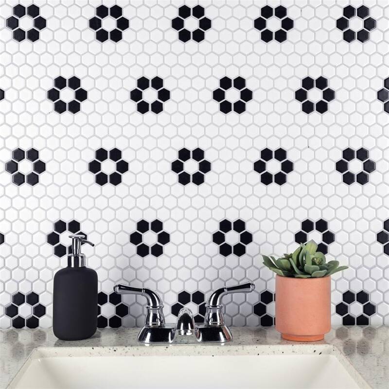 Merola Tile Metro 1" Hex Matte White w/Flower 10-1/4" x 11-7/8" Porcelain Floor and Wall Tile