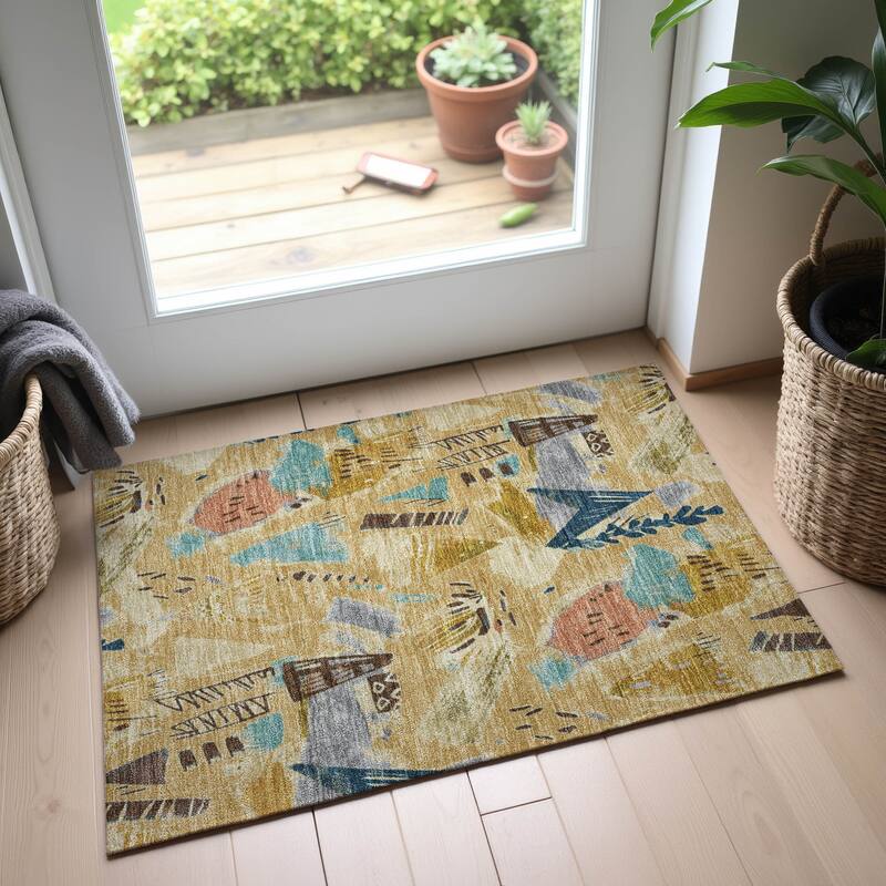 Premium Washable Super Soft Abstract Fragments Mayfield Rug - Gold - 1'8" x 2'6"