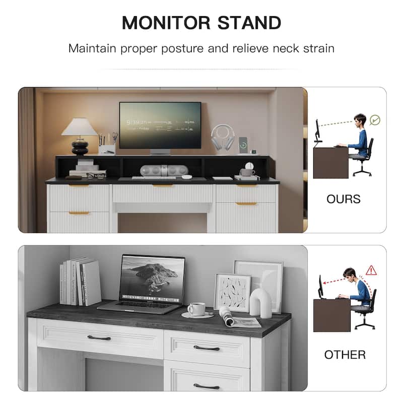 Pocassy Fluted Office Desk with Power Outlets Long Monitor Stand