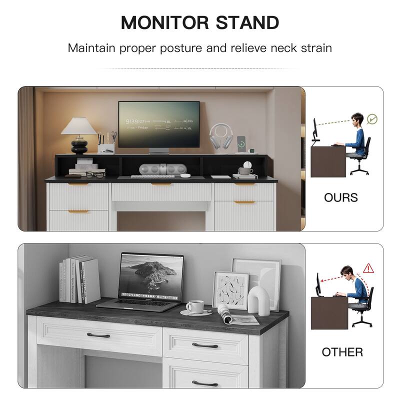 Pocassy Large Home Office Desks with 3 Drawers & 2 Storage Cabinet