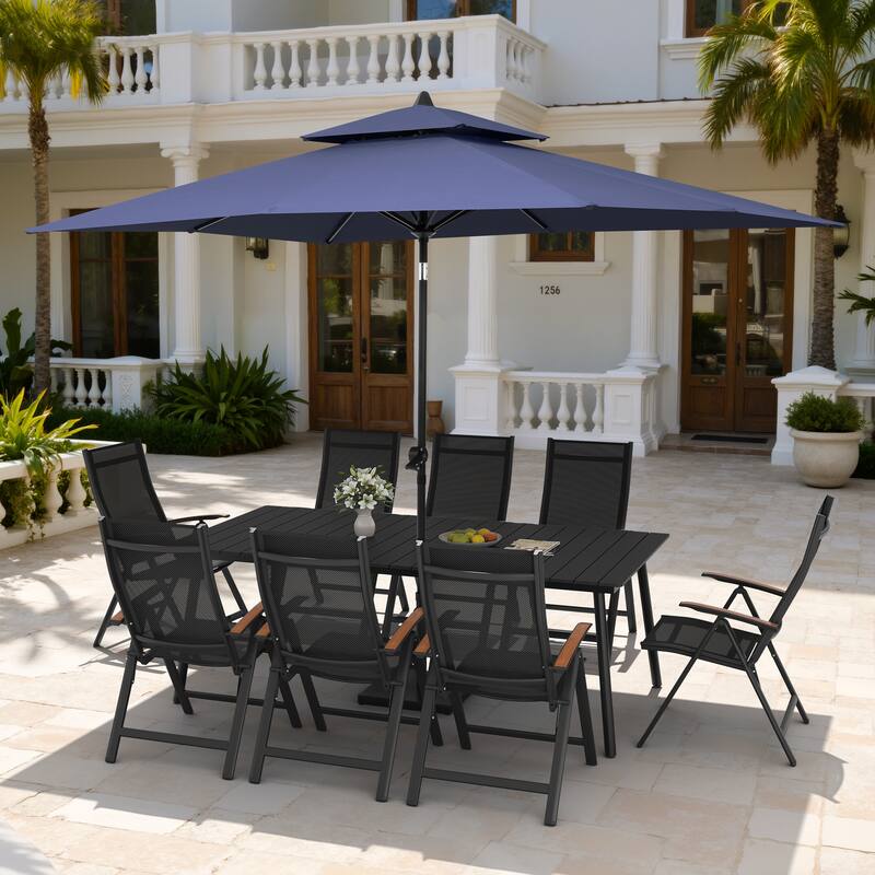 11PC Outdoor Patio Dining Set Wood-Like Aluminum Umbrella Hole Table with Folding Chairs,Double Top Market Umbrella and Base - BlackTable&BlackChairs&NavyBlueUmbrella