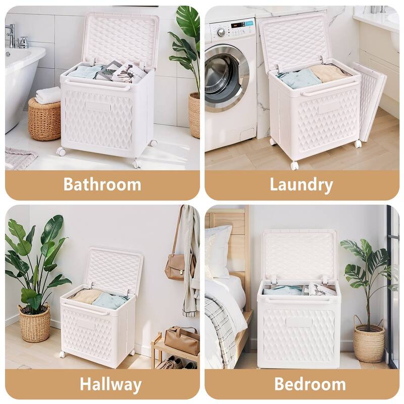 Javlergo White Rolling Laundry Cart with Lid & Wheels 80L Large Capacity Hamper 360° Swivel Wheels with Brakesfor Laundry