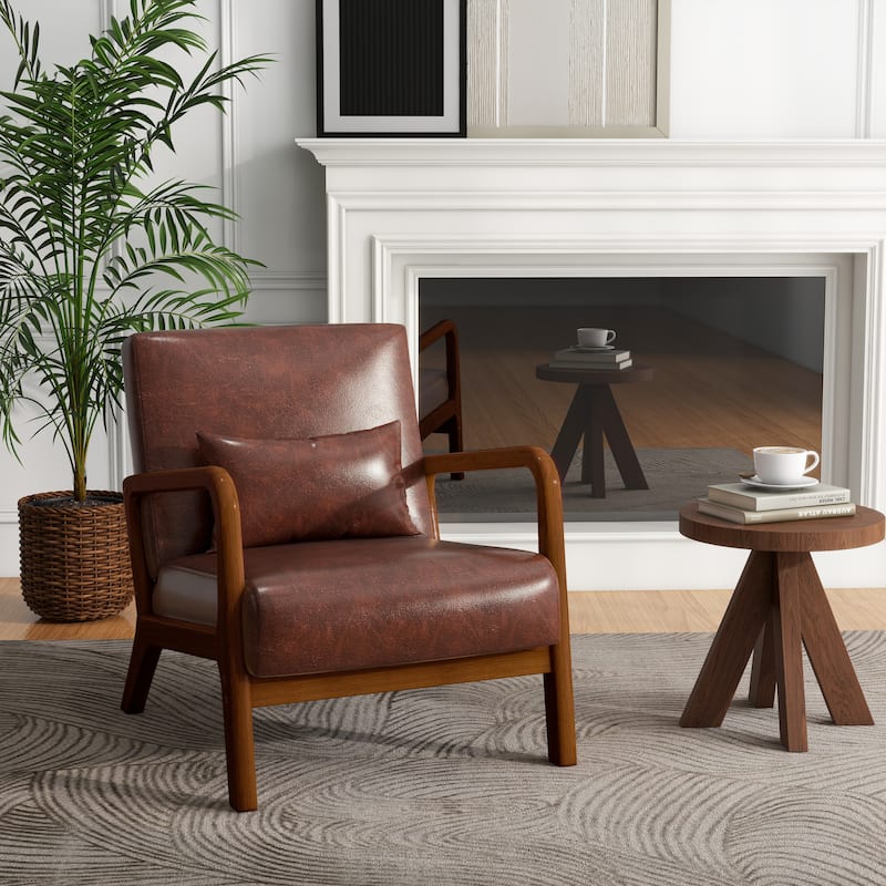 Mid Century Modern Upholstered Accent Chair with Pillow - Coffee/PU/Brown Wood