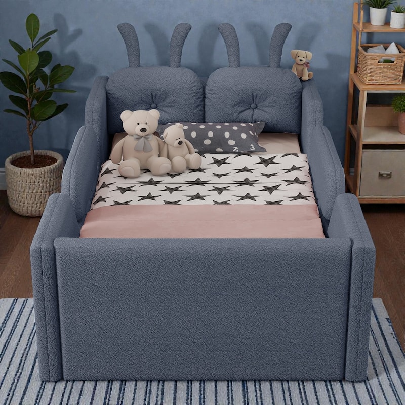 Twin Size Upholstered Floor Bed for Kids with Removable Side Rails, Soft Teddy Fabric Platform Bed