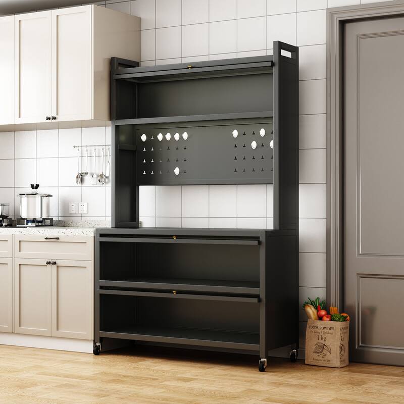 Bakers Rack Storage Organizer with Double Open Doors, 250KG Capacity & Alloy Wheels - 64" Tall