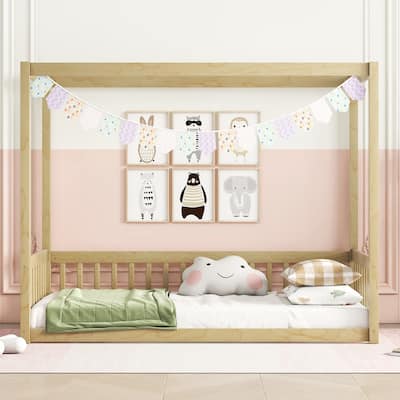 Canopy Frame Floor Bed with Fence and Guardrails