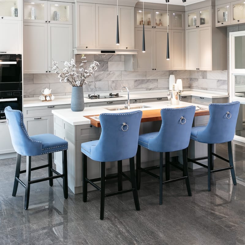 Velvet Bar Chairs Set of 2, Counter Height Bar Stools with Button Decor and Nailhead Trim, Dining Room Chairs with Back