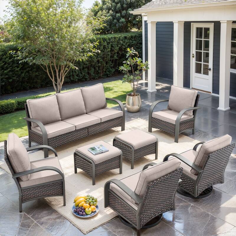 Pocassy Outdoor Sofa PE Wicker Furniture Set - Beige Cushion - 7PCS Sofa Chair with Ottoman