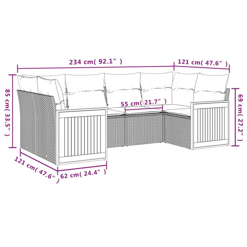 vidaXL Patio Sofa Set with Cushions Outdoor Furniture 6 Piece Poly Rattan - 24.4 x 24.4 x 27.2