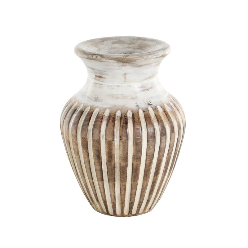 Mango Wood Distressed Decorative Vase with Carved Grooves - Brown - Roche River Decor