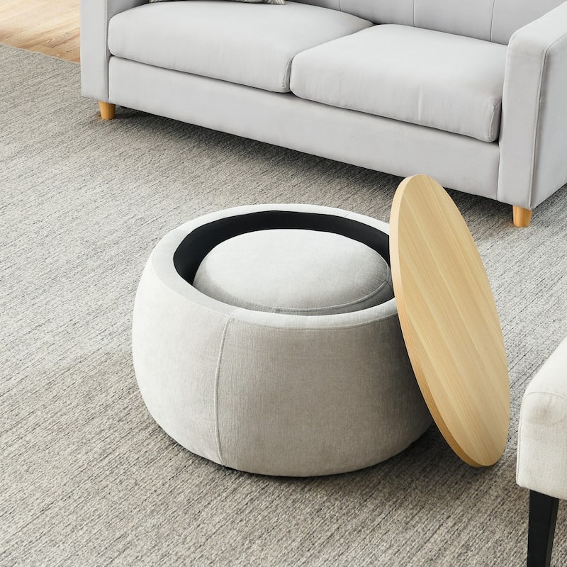 Round Storage Ottoman, 2 in 1 Function, Work as End table and Ottoman,with small seat