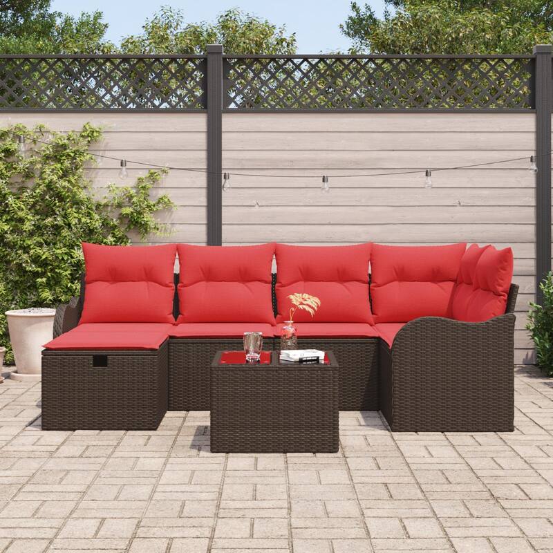 vidaXL 6/7 Garden Sofa Set with Cushions Black/Brown/Grey Poly Rattan - 91.5 x 48.2 x 27.2