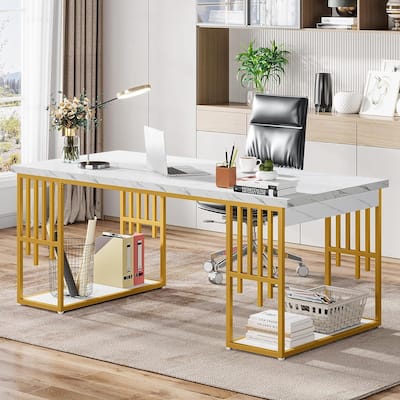 70.9" Modern Executive Desk with Storage, White Large Office Desk