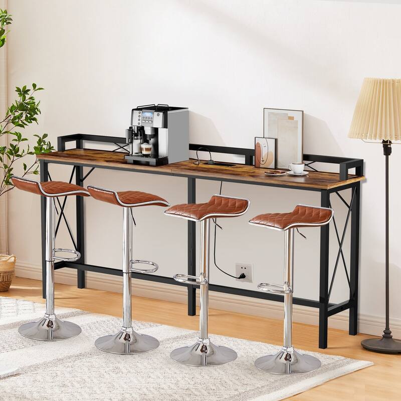 Javlergo 5-Piece Console Table and Stool Set, 70.9" Sofa Table with USB Charging Station and 4 Adjustable Swivel Chairs - Brown - 5 Piece