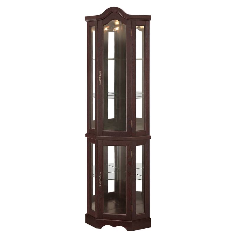 Lighted Glass Display Curio Cabinet, Curved Wood Corner Cabinet, China Cabinet with Tempered Glass Doors & Shelves