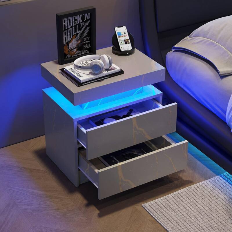 Nightstand LED Bedside Table Cabinet Lights Modern End Side with 2 Drawers for Bedroom - Grey+Silver