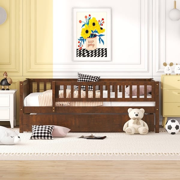 slide 2 of 48, Wooden Daybed, Twin Sofa Bed with Trundle and Fence Guardrails for Kids Teens Adults, Wood Slat Support, No Box Spring Needed Walnut - Twin