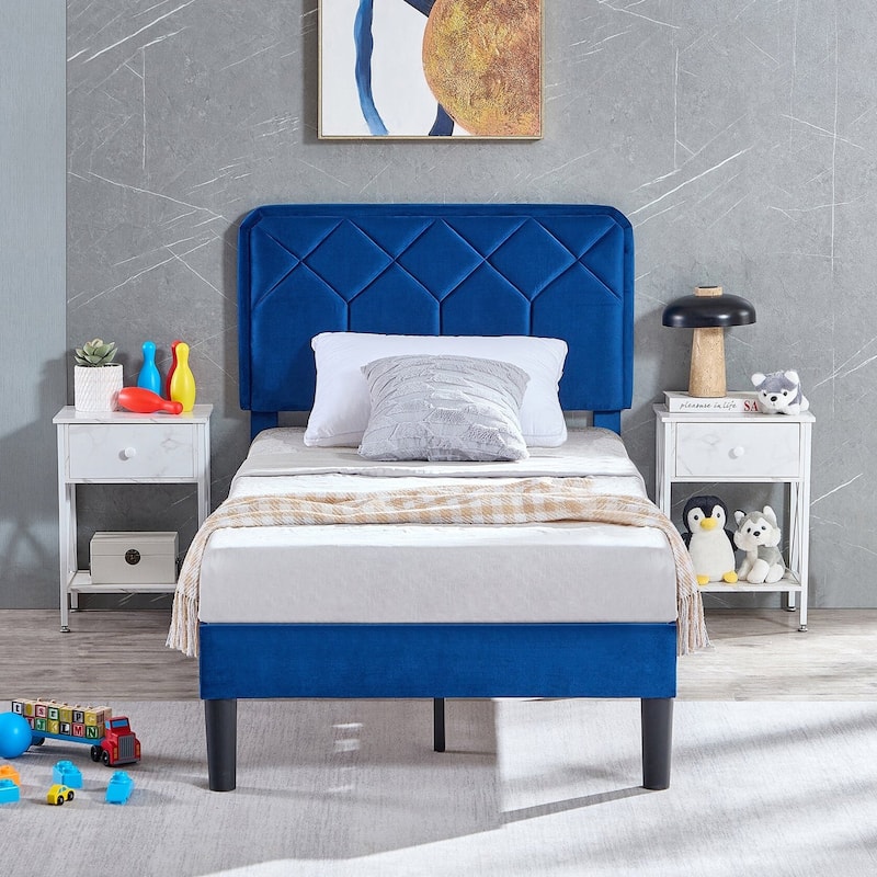 2 Pack Twin Size Kids Bed Frame Height Adjustable Diamond Pattern Upholstered Headboard Bed Twin Size Bed Set of 2