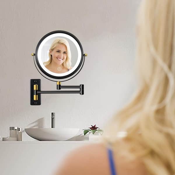 8" Lighted Wall Mount Makeup Mirror, Double-Sided LED 1x/10x Magnifier And Adjustable Arm, 3 Color Lights Touch Screen Bathroom 360° Swivel