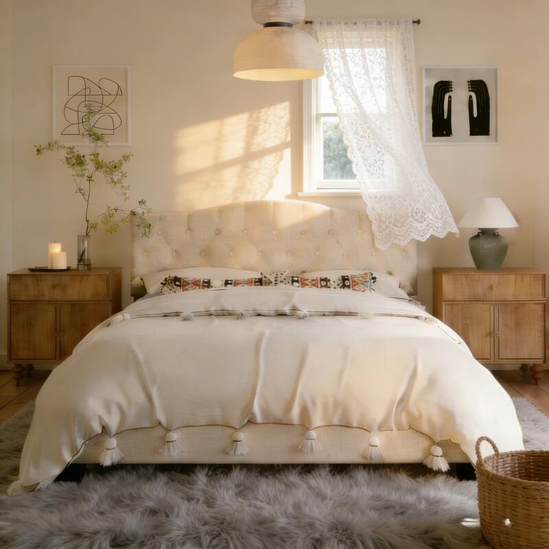 Linen Upholstered Platform Bed Frame with Saddle Curved Adjustable Headboard and Diamond Tufted Details - King