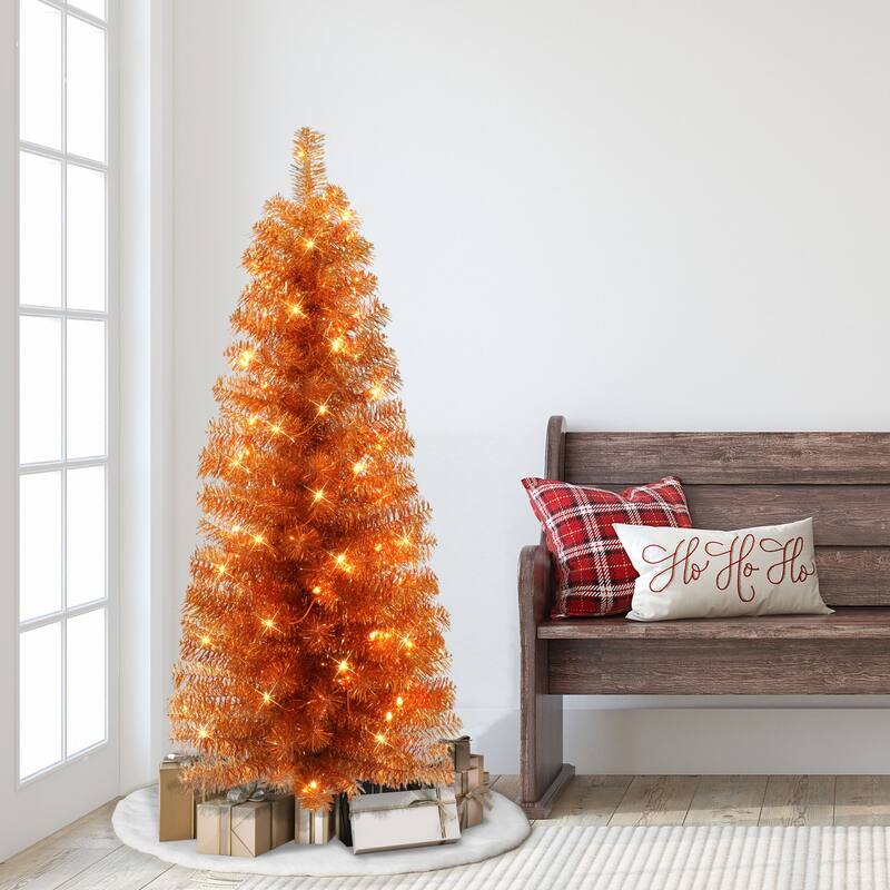 4.5' Pre-lit Orange Tinsel Slim Artificial Christmas Tree, Clear Lights - 4.5 Foot